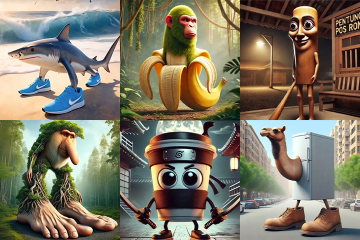 Surreal cartoon characters in a six-image collage